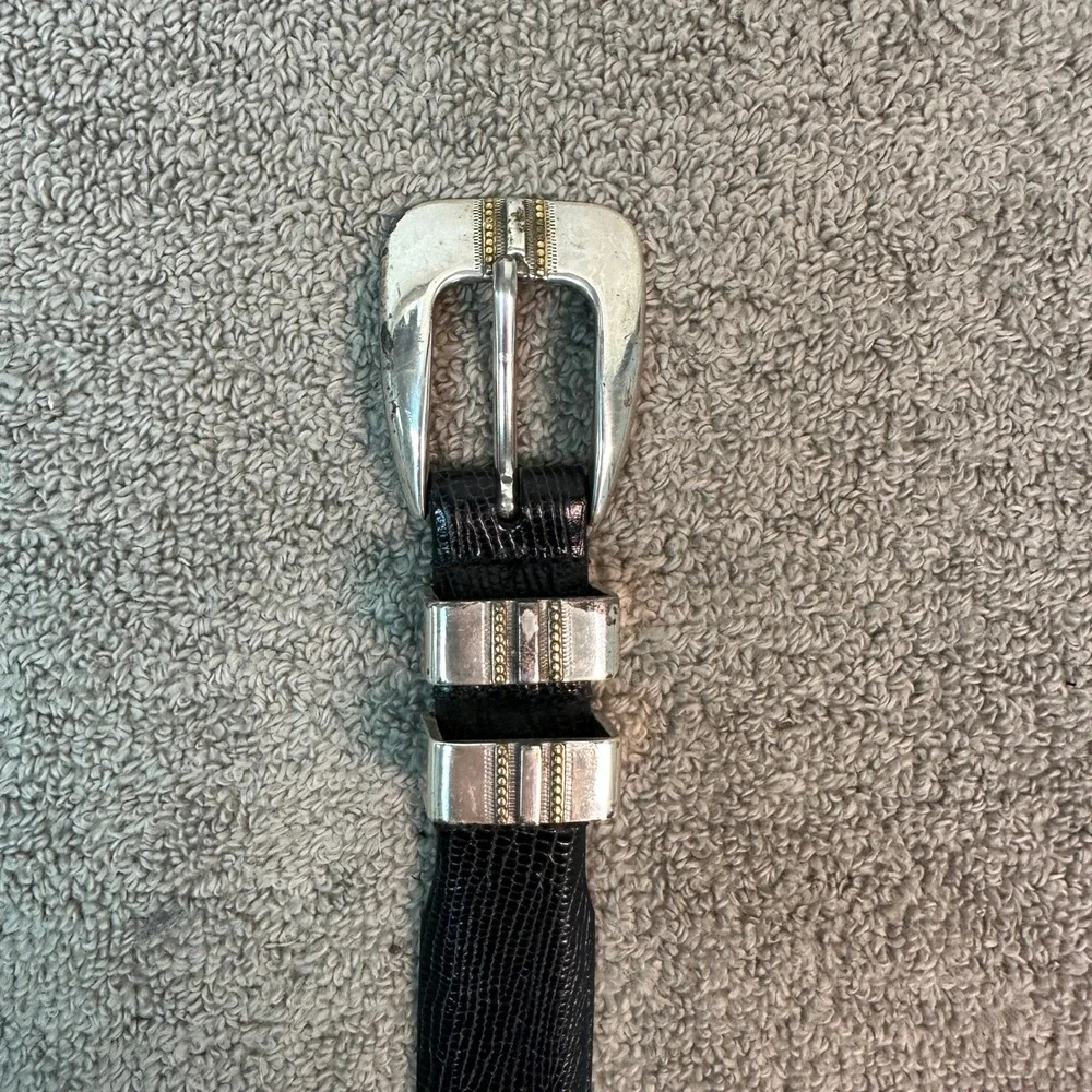 Tulliani Mens Black Lizard Embossed Leather Western Ranger Belt Silver Gold 48